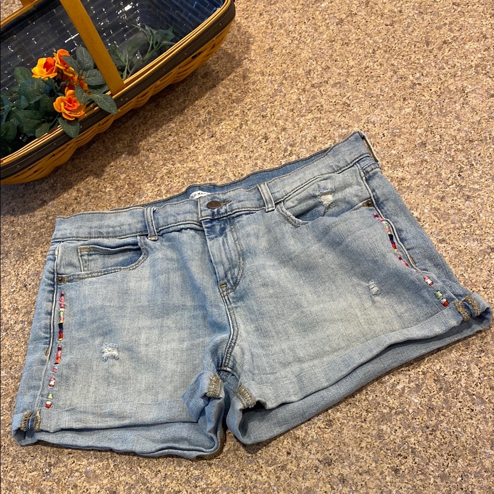 Old Navy Boyfriend Blue Jean Shorts Embroidered 10 FLAWS/STAINS Distressed
